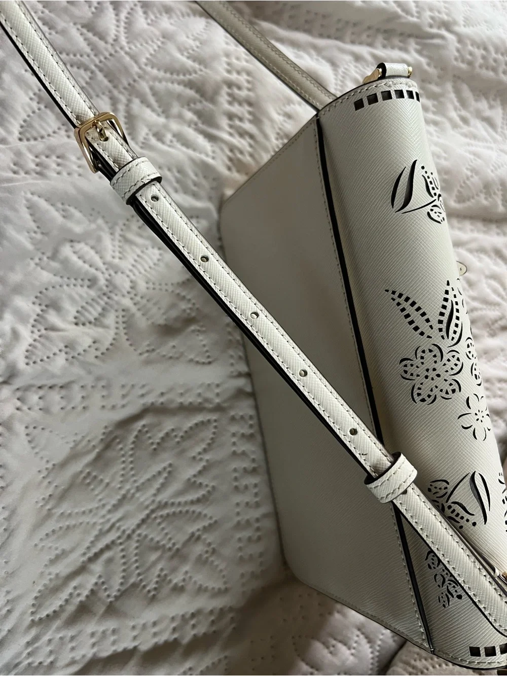 kate spade White Laser-Cut Floral & Butterfly Crossbody with Gold Chain